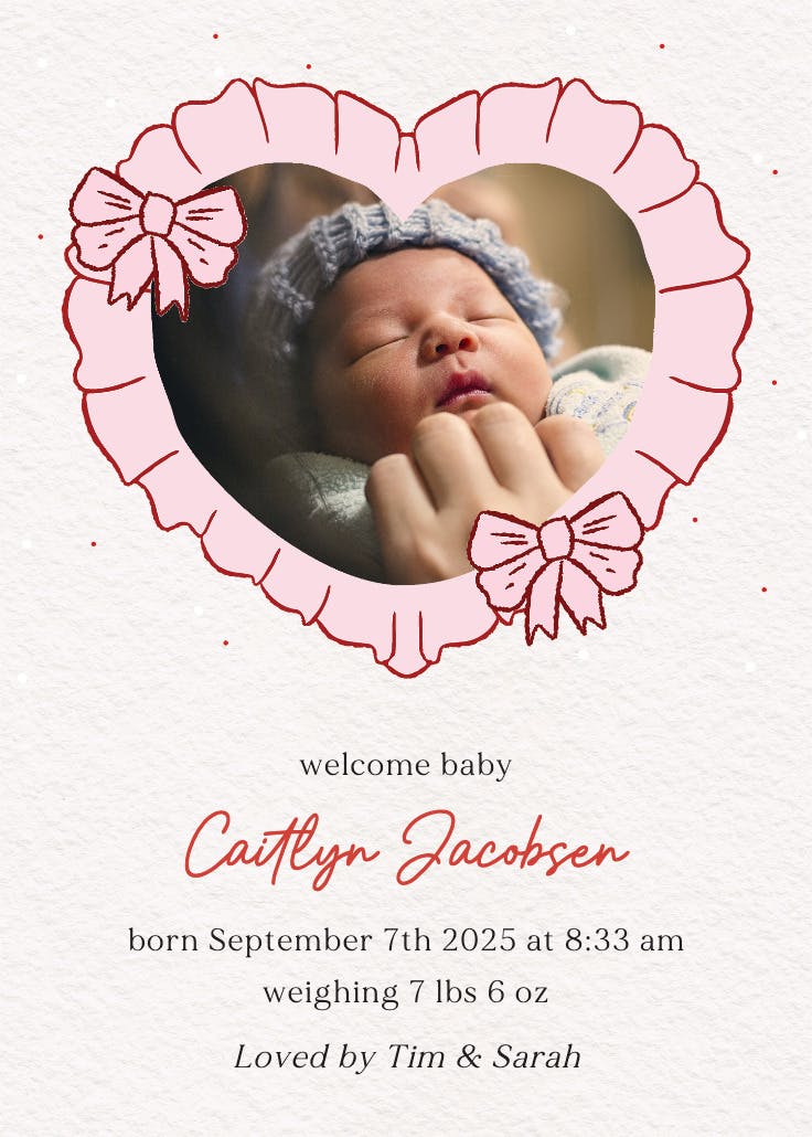 Ruffle heart - birth announcement card