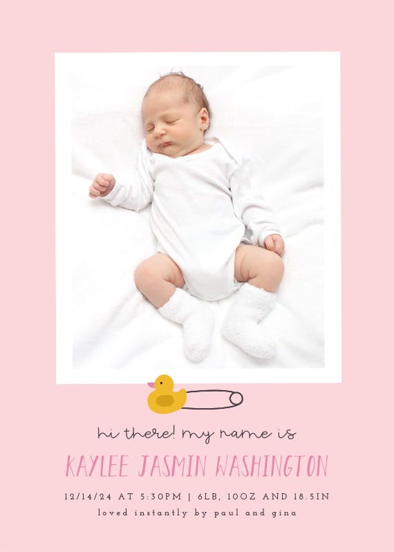 Safety pin - birth announcement card
