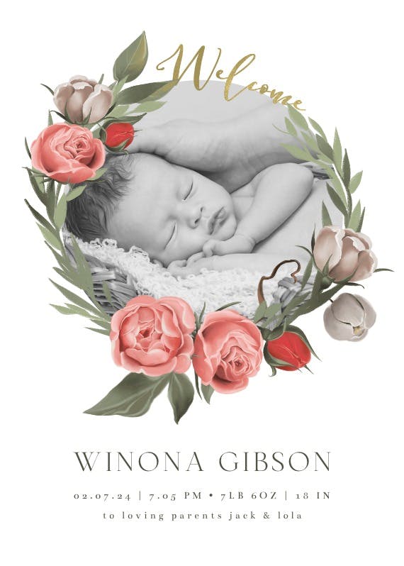 Soft roses - birth announcement card