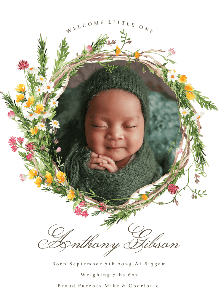 Spring flowers wreath photo - birth announcement card