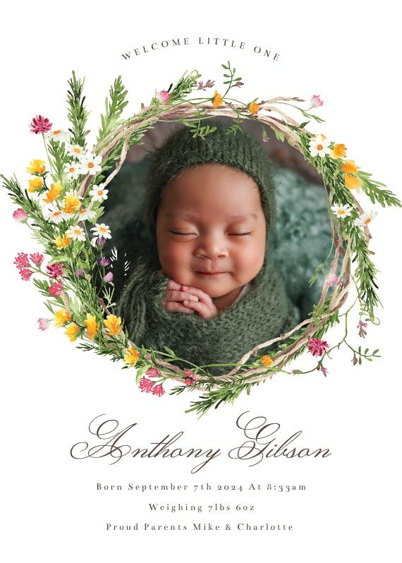 Spring flowers wreath photo - birth announcement card