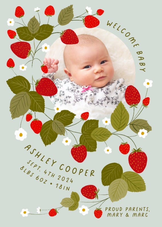 Strawberries everywhere - birth announcement card