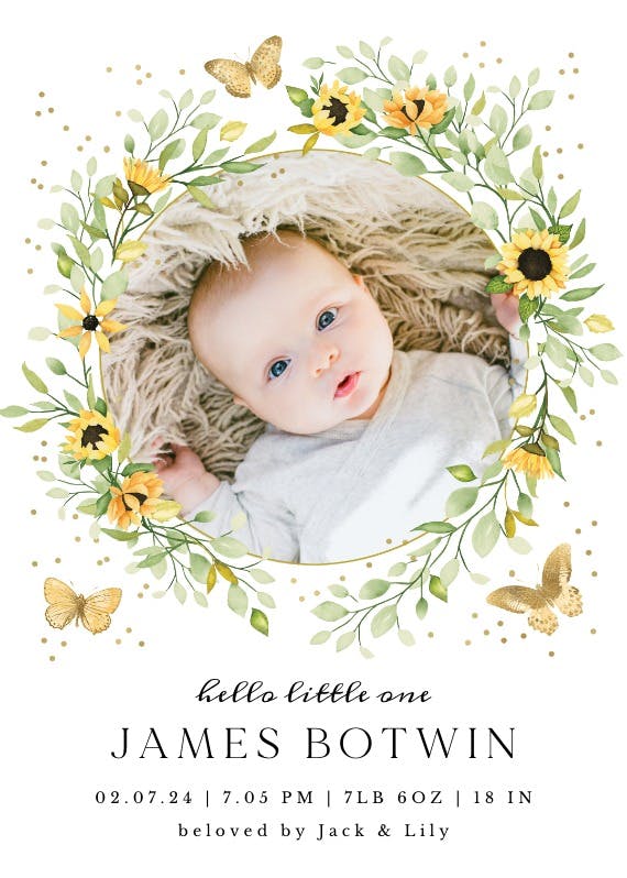 Sun in sunflower wreath - birth announcement card