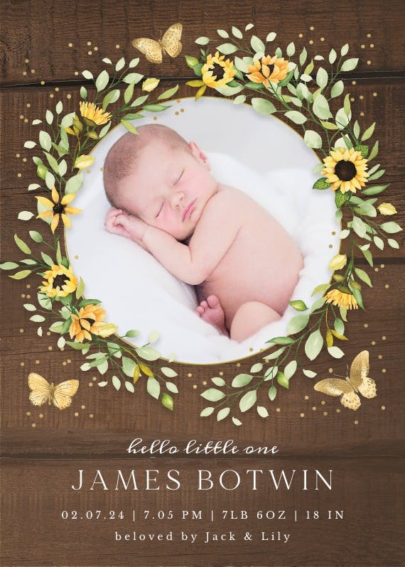 Sun in sunflower wreath - birth announcement card
