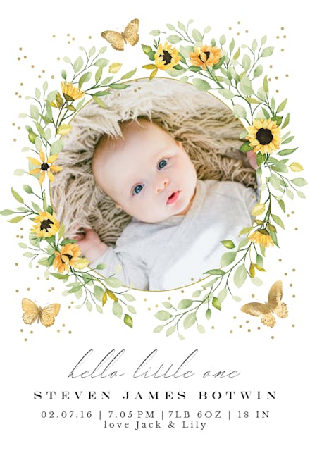 Sun in Sunflower Wreath - Birth Announcement Card