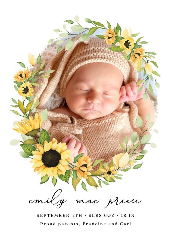 Sunflower open wreath photo - birth announcement card