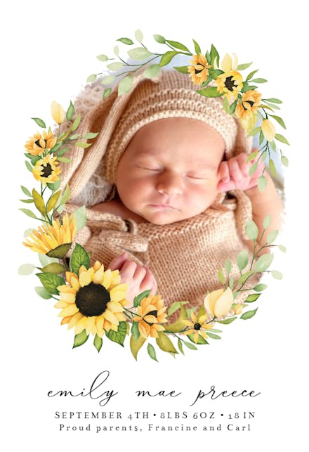 Sunflower Open Wreath Photo - Birth Announcement Card