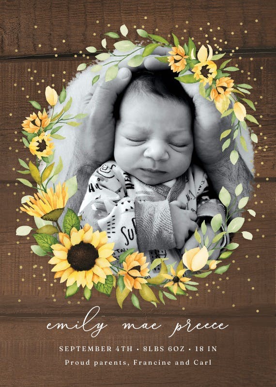 Sunflower open wreath photo - birth announcement card