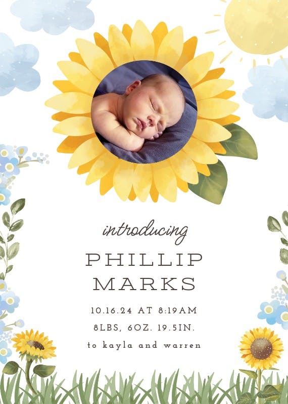 Sunflowers photo frame - birth announcement card