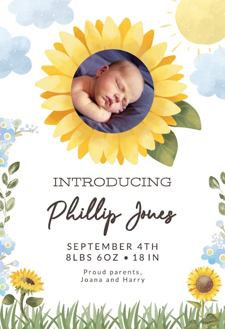 Sunflowers photo frame - Anuncio De Nacimiento