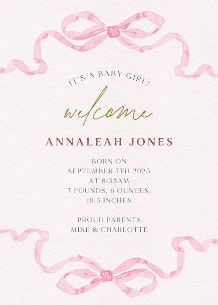 Tied with love - birth announcement card
