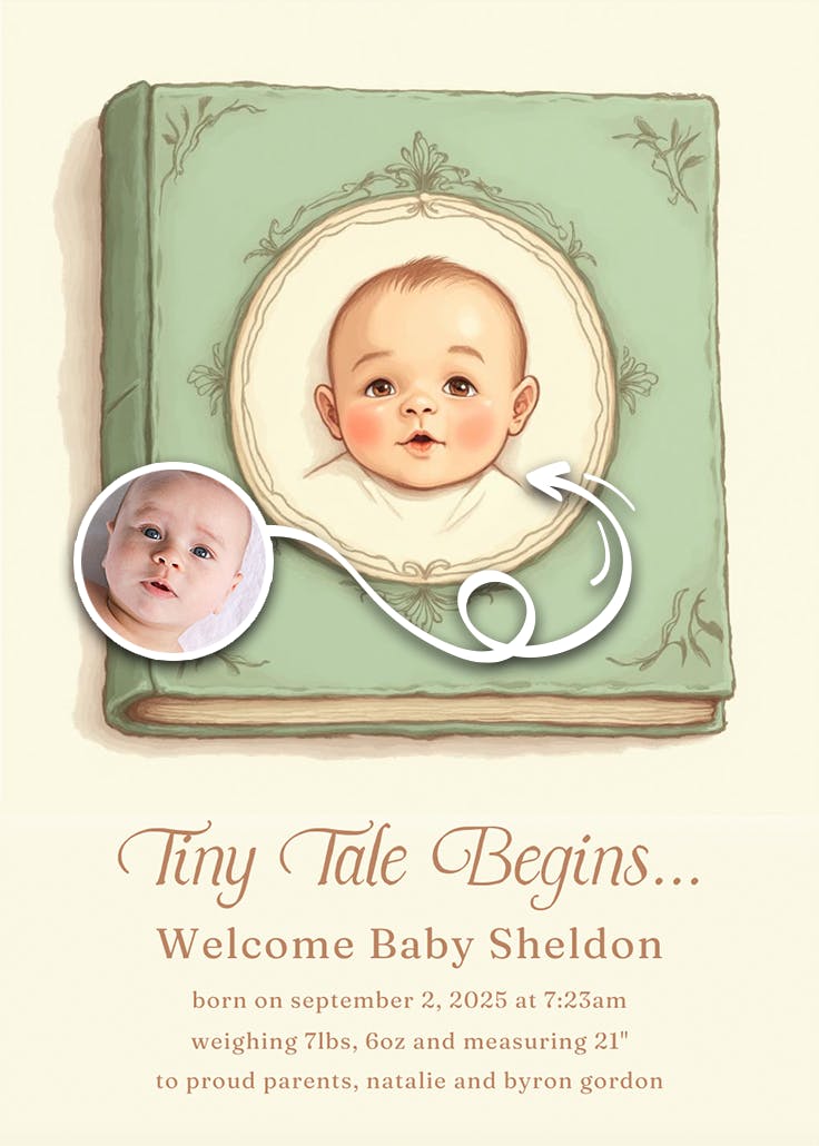 Tiny tale begins - birth announcement card