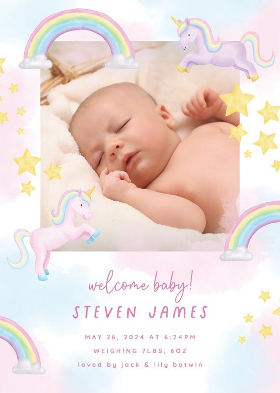Unicorn and rainbow party - birth announcement card