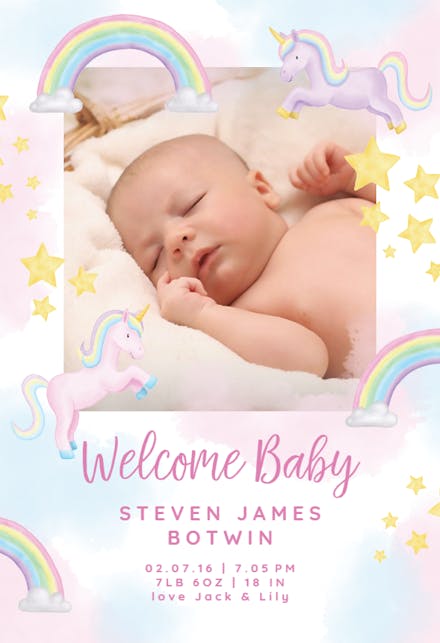 Unicorn and Rainbow Party - Birth Announcement Card