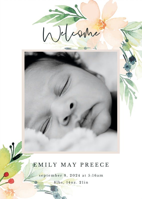 Watercolor flowers - birth announcement card