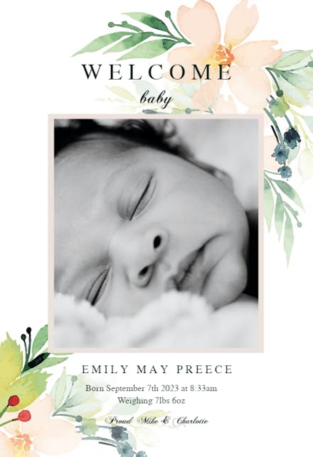 Watercolor Flowers - Birth Announcement Card
