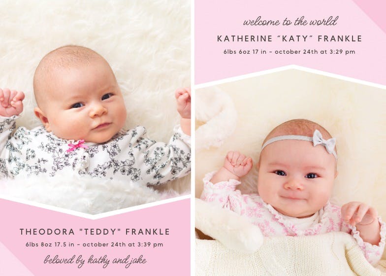 Welcome twins - birth announcement card