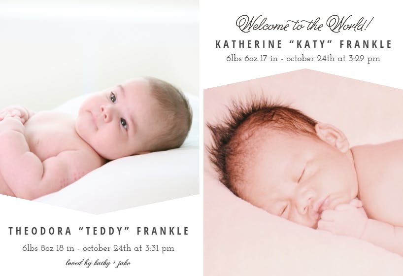 Welcome twins - birth announcement card