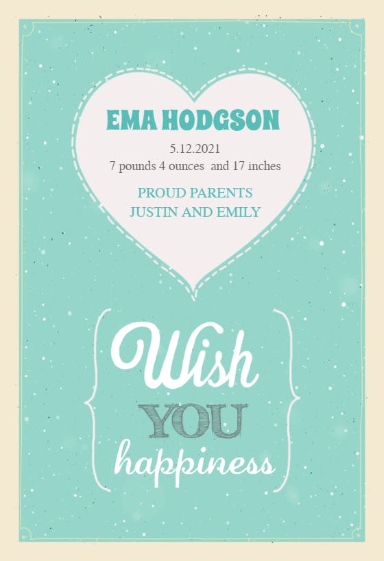 Wish you happiness - birth announcement card