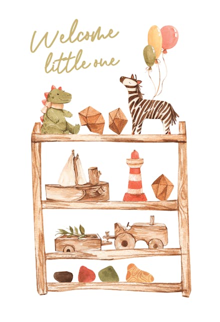 Wooden Shelves with Toys - Baby Shower & New Baby Card