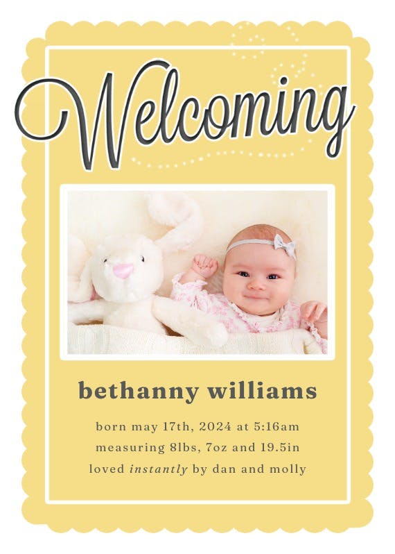 Yellow stamped frame - birth announcement card