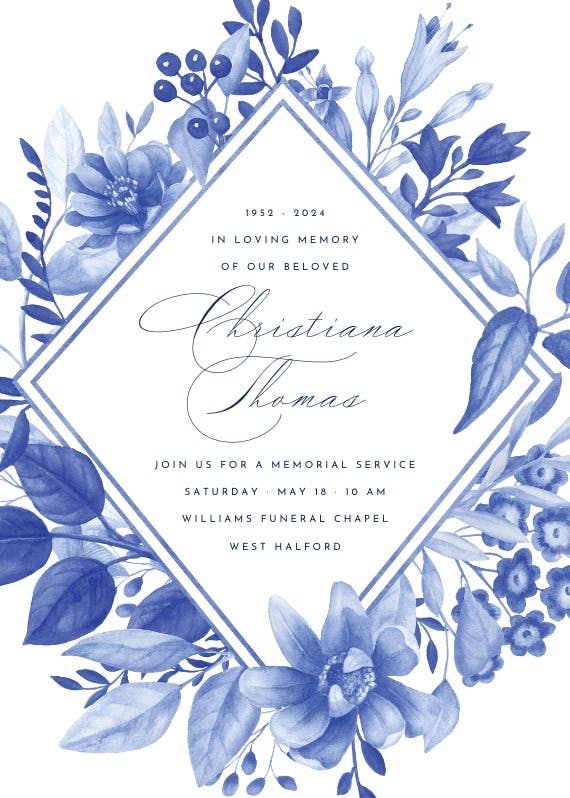 Blue floral romb - memorial card