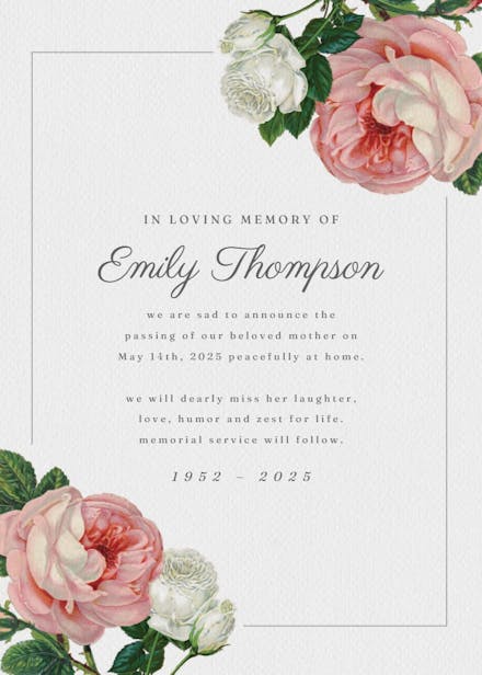 Classic roses - memorial card