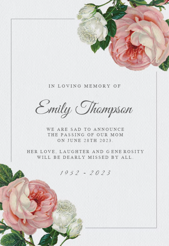 Classic Roses Memorial Card Template (Free) Greetings Island