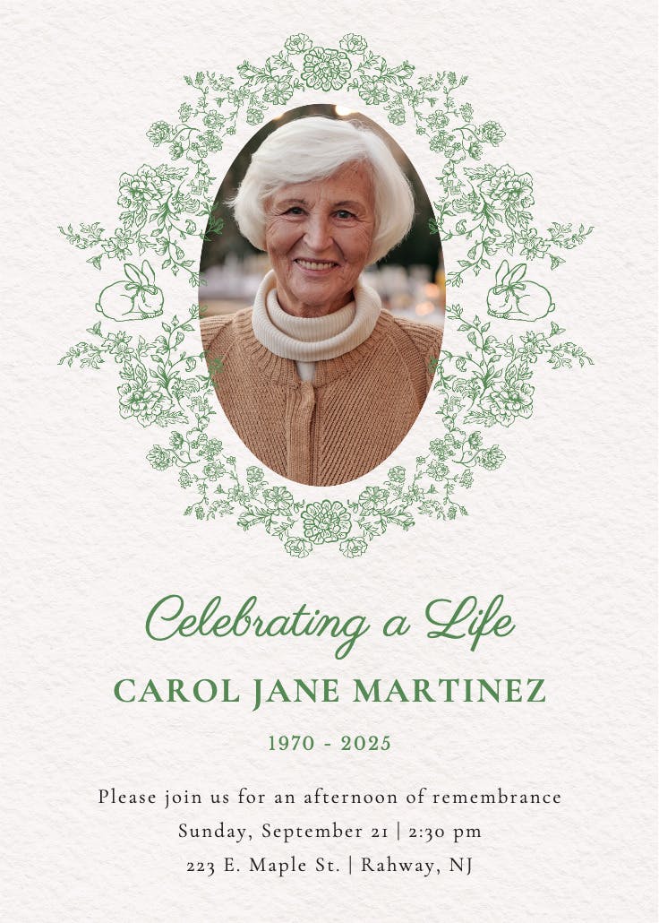 Flowers & bunnies - memorial card