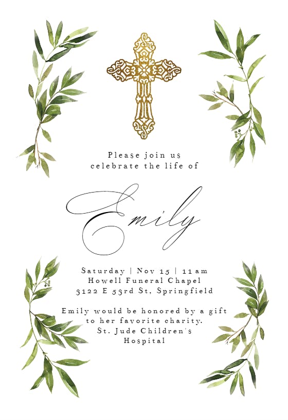 Greenery gold cross - memorial card