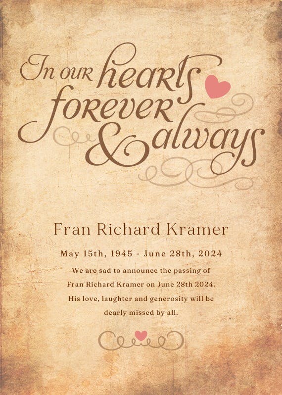 In our hearts forever - memorial card