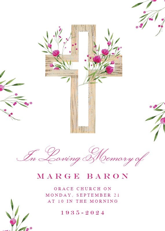 Magenta floral cross - memorial card