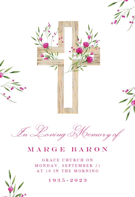 Magenta floral cross - Memorial Card