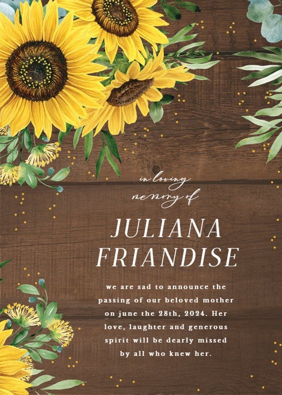 Rustic sunflowers corner - memorial card
