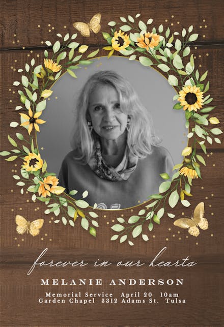Sunflower Wreath with Butterflies - Memorial Card