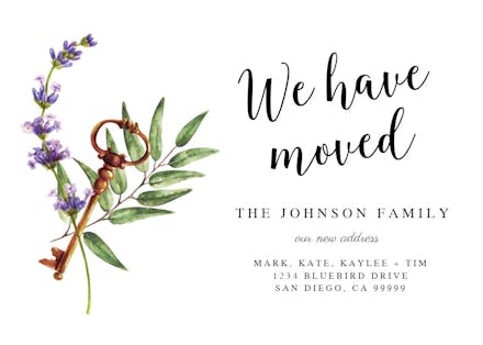 Purple flowers key - moving announcement