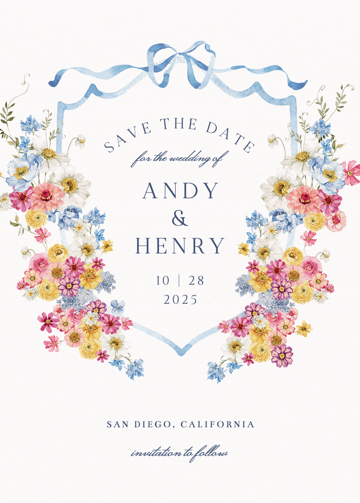 Blooms around crest - save the date card