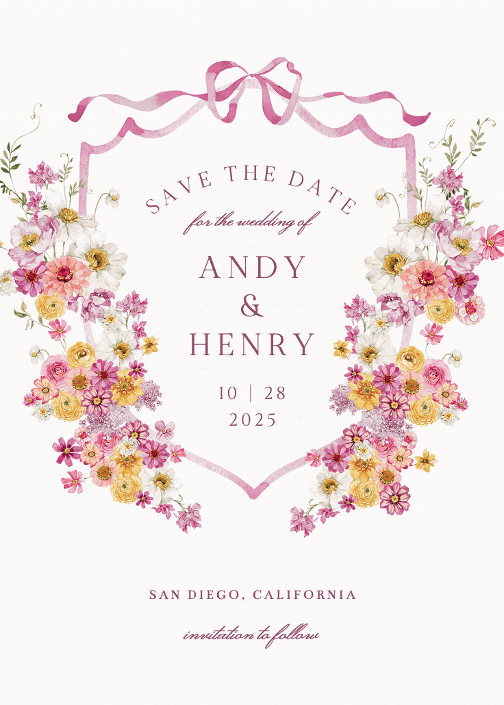 Blooms around crest - save the date card