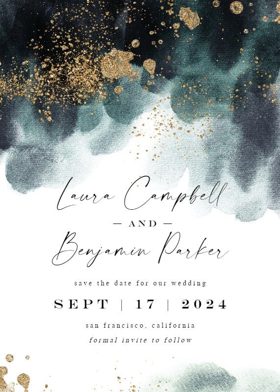 Blue paint and gold - save the date card