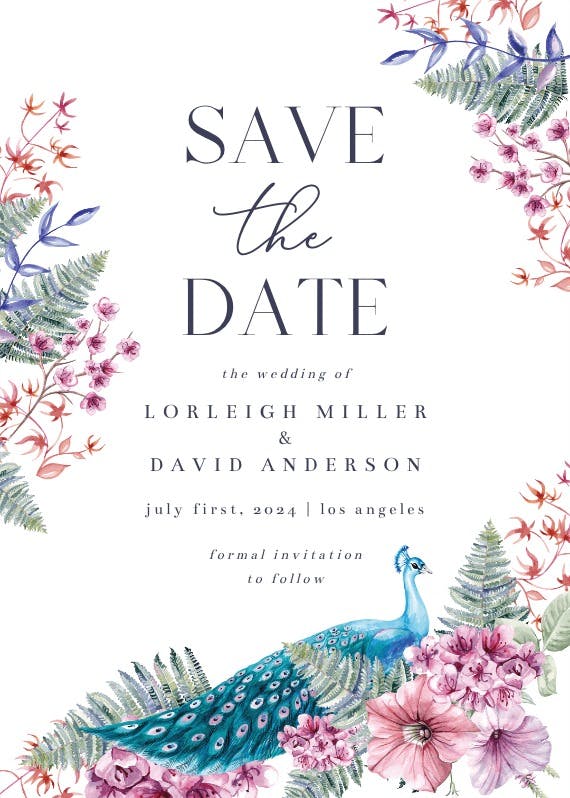 Blue peacock - save the date card