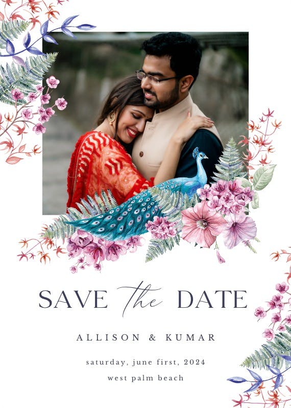 Blue peacock photo frame - save the date card