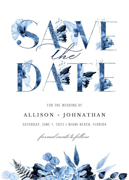 Boho blue floral - tarjeta para reserva la fecha