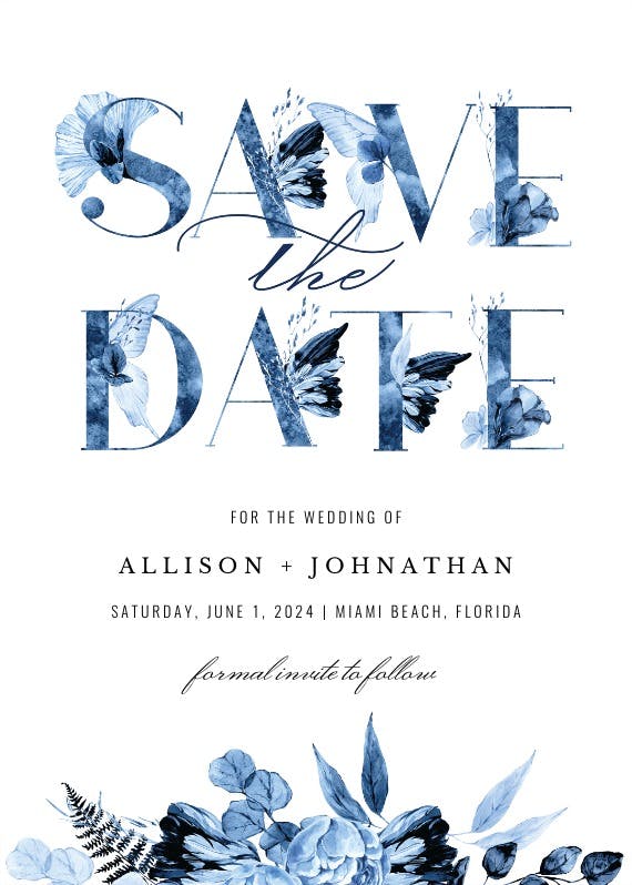 Boho blue floral - save the date card