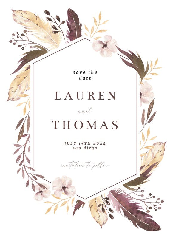 Boho feathers - save the date card