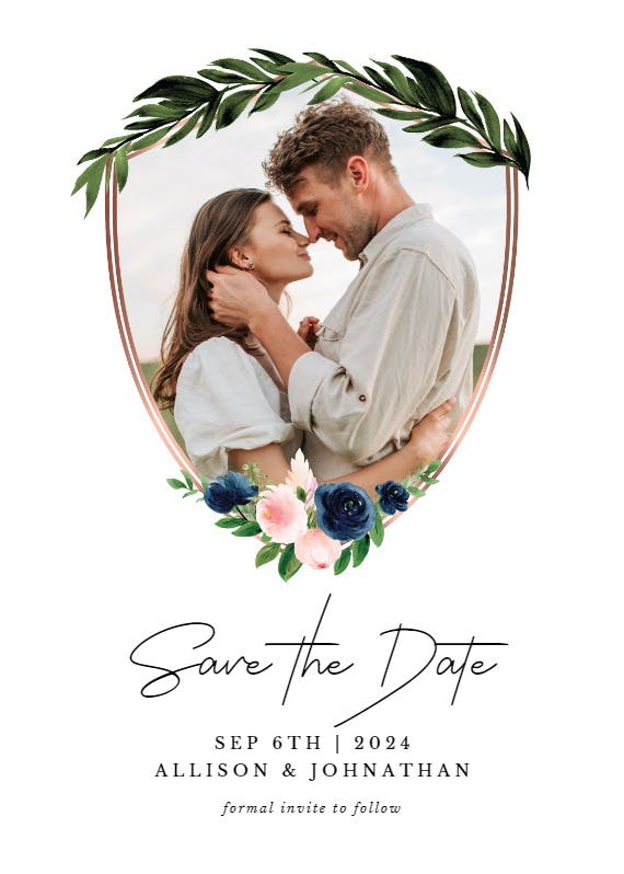 Bridal navy flower crest - save the date card