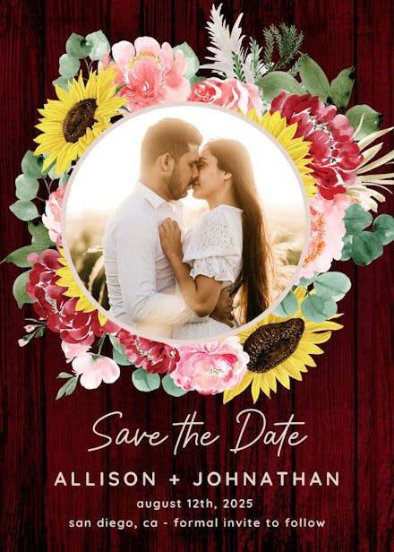 Burgundy sunflower - save the date card