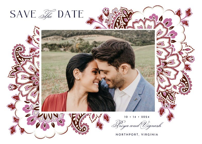 Colored paisley photo frame - save the date card