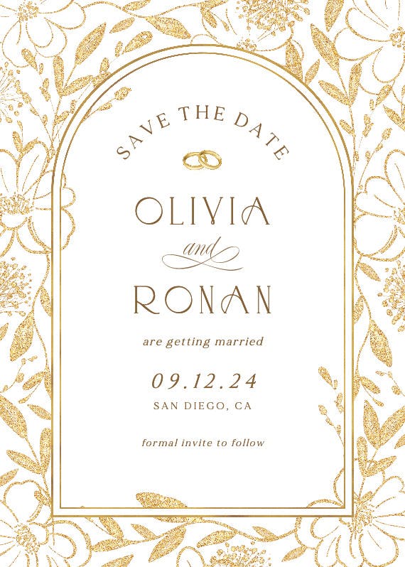 Gold surrounded by blooms - save the date card