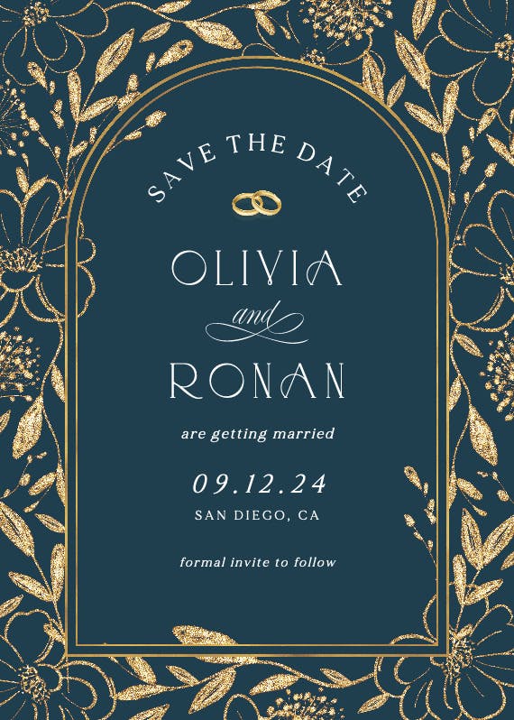 Gold surrounded by blooms - save the date card