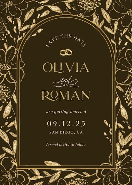 Gold surrounded by blooms - save the date card